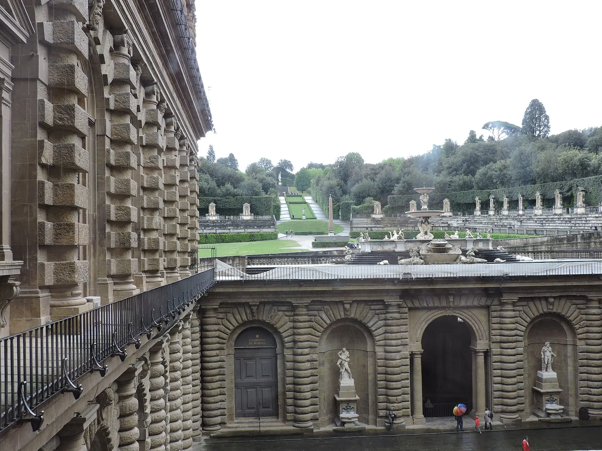 Boboli Gardens seen from Palazzo Pitti — terraced Renaissance gardens climbing the hill behind the rusticated palazzo facade.